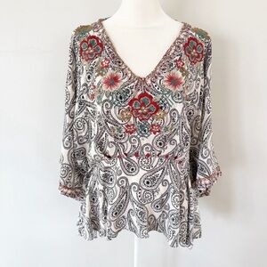Savanna Jane Women Paisley Floral Embroidered Popover Top 1X Boho Festival